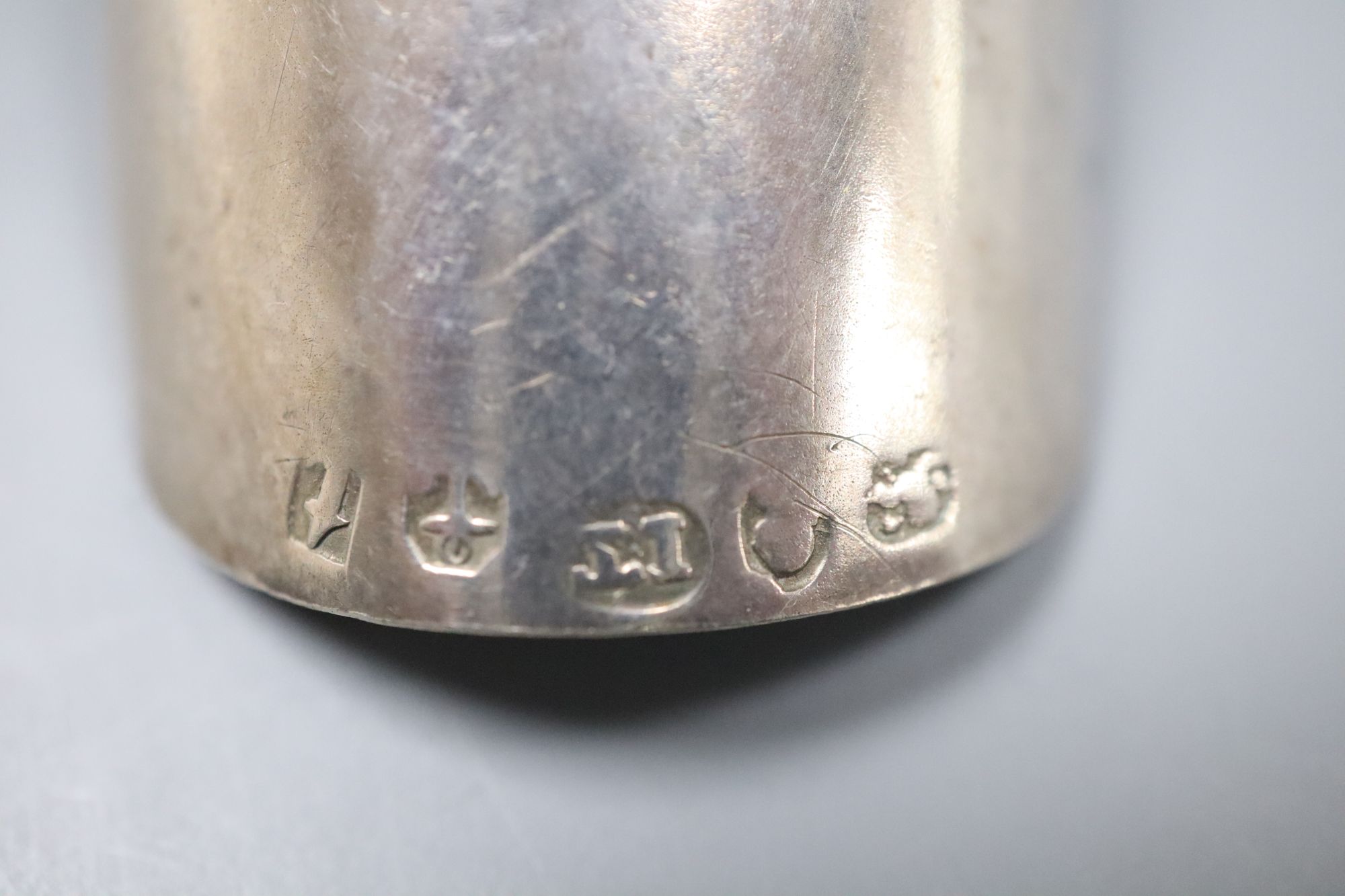A George III mother of pearl handled silver caddy spoon, Joseph Taylor, Birmingham, 1817, 99mm.